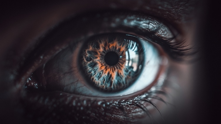 Close-up of a human eye with an intricate pattern and colorful iris, showcasing shades of blue and orange around the pupil, representing the idea of the universe containing extra dimensions.