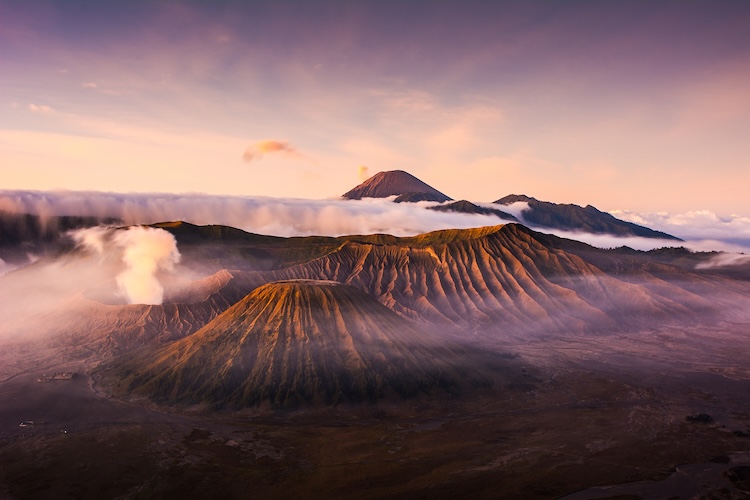 volcanoes at sunset