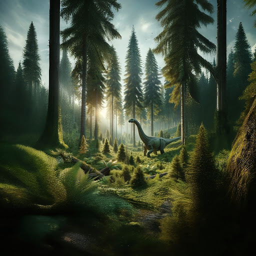 Illustration of a lone sauropod dinosaur walking through a sunlit, prehistoric forest.