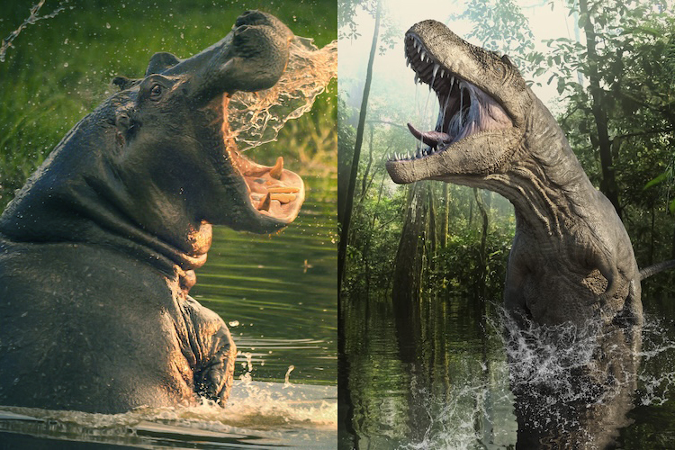 Side‑by‑side comparison image showing a modern hippopotamus on the left and a roaring theropod dinosaur, similar to a T. rex, on the right, both rising from water in lush green habitats, visually illustrating debates about whether Leviathan in the book of Job is an example of dinosaurs in the Bible.