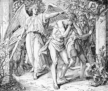 Classical illustration of Adam and Eve leaving the Garden of Eden with an angel, reflecting themes related to what Adam and Eve looked like.