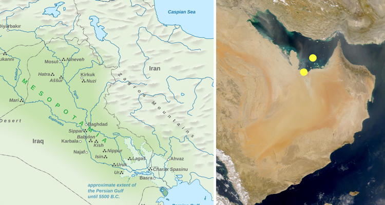 Map and satellite view of the Persian Gulf region highlighting areas associated with theories about what Adam and Eve looked like and early human origins.