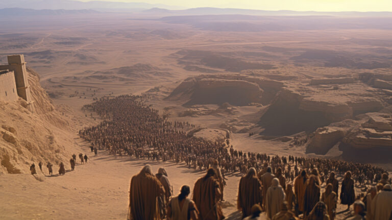 Large caravan of people descending a desert escarpment into a vast valley, representing ancient human migration across arid landscapes.