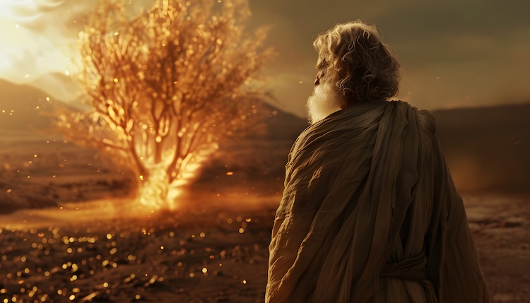 Moses stands facing a glowing, fiery bush in a desert landscape at sunset.