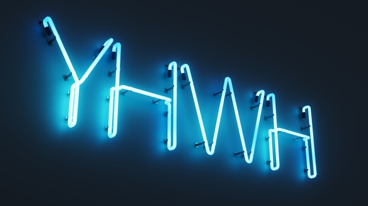 Blue neon lights spell out "YHWH" on a dark background, glowing brightly.