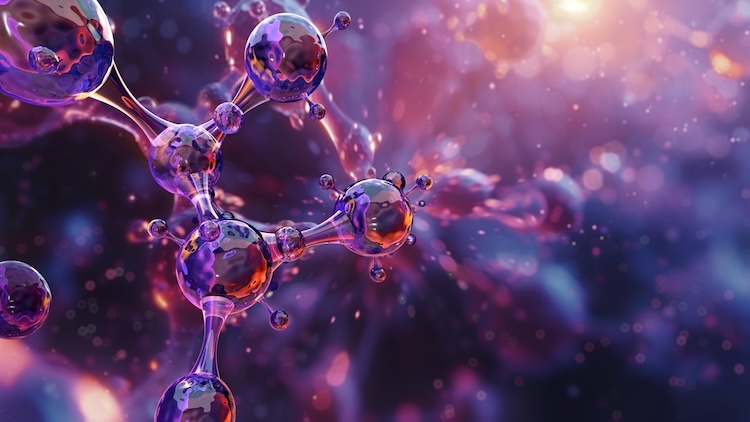 Abstract visual of interconnected, glossy purple molecules against a vibrant, glowing backdrop.