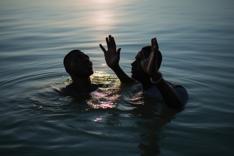 Two people are partially submerged in calm water during sunset. One person raises their arms.