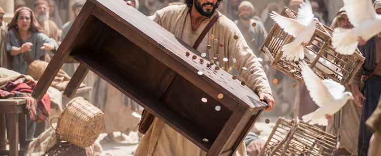 A bearded man in a robe forcefully overturns a wooden table, sending coins flying into the air, while white doves burst from broken cages. A shocked crowd in biblical-era clothing looks on in a dusty marketplace setting.