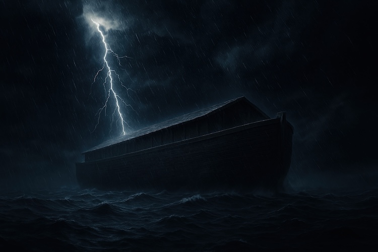 A large wooden ark floats on dark, stormy waters at night as lightning strikes the sky above, illuminating heavy rain and rough waves.