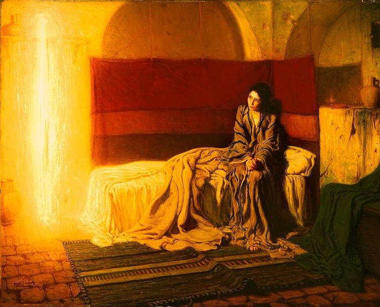 The Archangel Gabriel appearing to Mary to announce the conception of Jesus, in a classical painting: "The Annunciation" by Henry Ossawa Tanner.