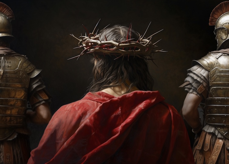 Jesus wearing a crown of thorns and a red robe.