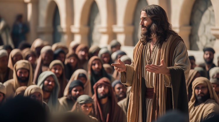 Jesus speaking to a crowd.