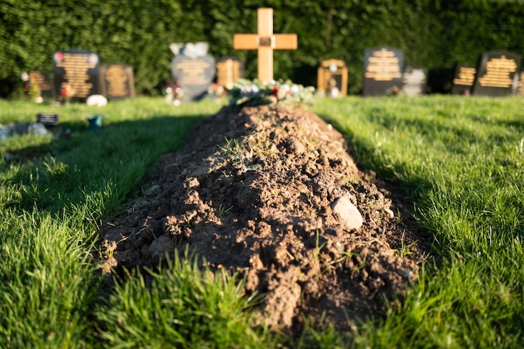 A freshly dug grave with a wooden cross and surrounding cemetery markers in the background, representing death.