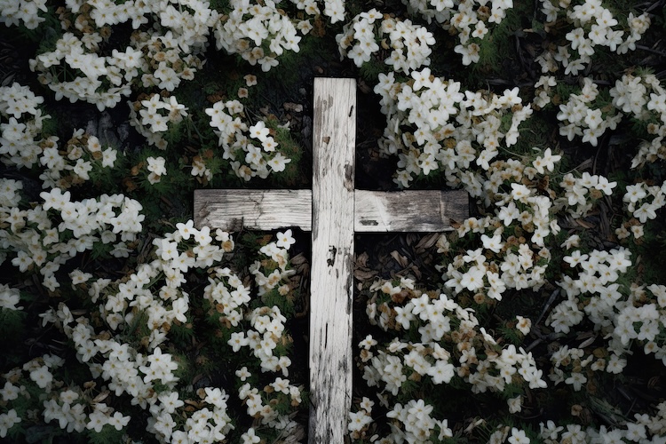 A wooden cross surrounded by white flowers on the ground.