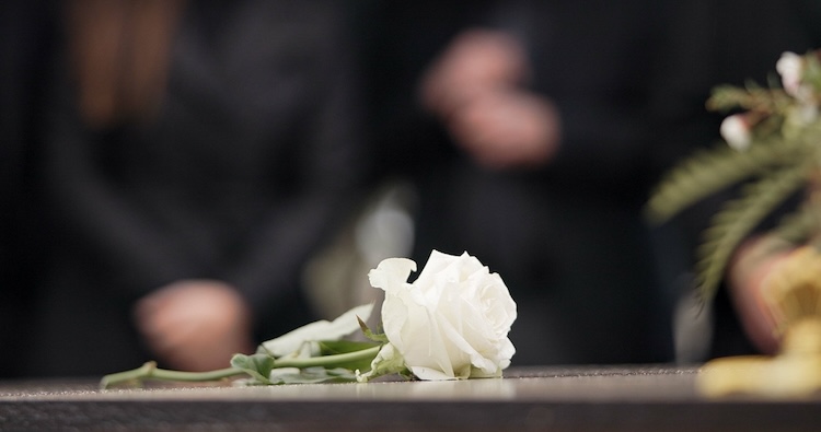 A single white rose lying still, dark, indistinct figures behind it, reflecting that the ultimate consequence of sin is death.