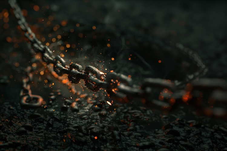 A dark chain glows with sparks and molten metal against a shadowy background, symbolizing the fiery punishment of hell.