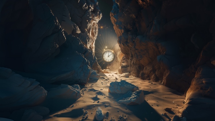 Surreal canyon illuminated by a glowing clock, evoking hell’s eternal aspect.