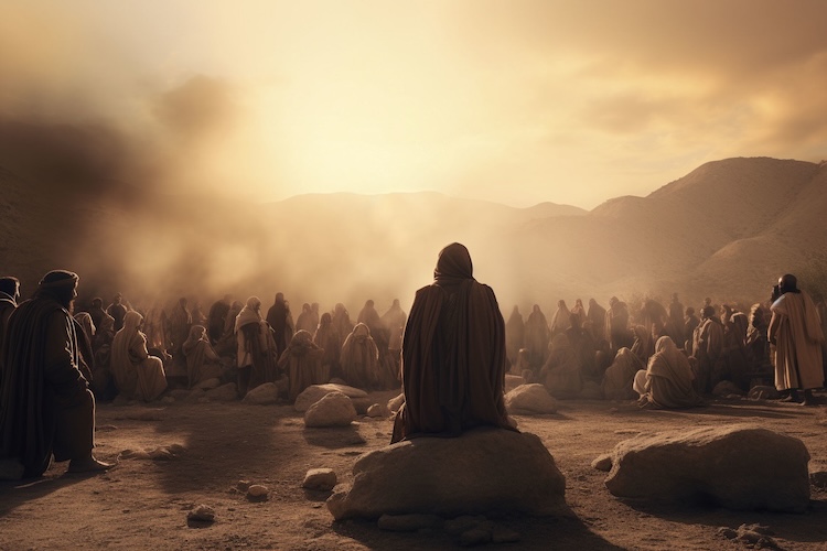 A desolate desert with a crowd of shadowy figures.