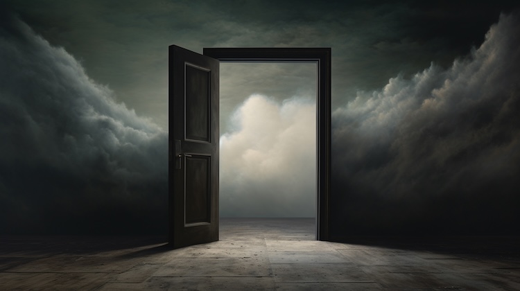 An ominous wooden door opens into thick, drifting fog, evoking the mystery of “What does the Bible say about hell?”