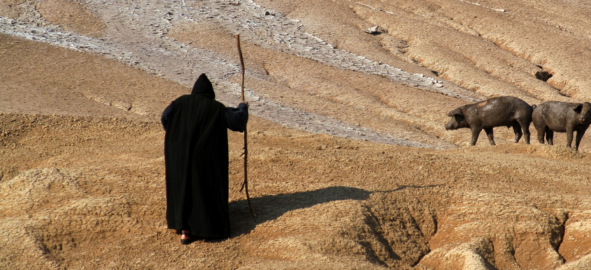 A figure in a black cloak (Satan) stands on a barren landscape, watching several pigs nearby.