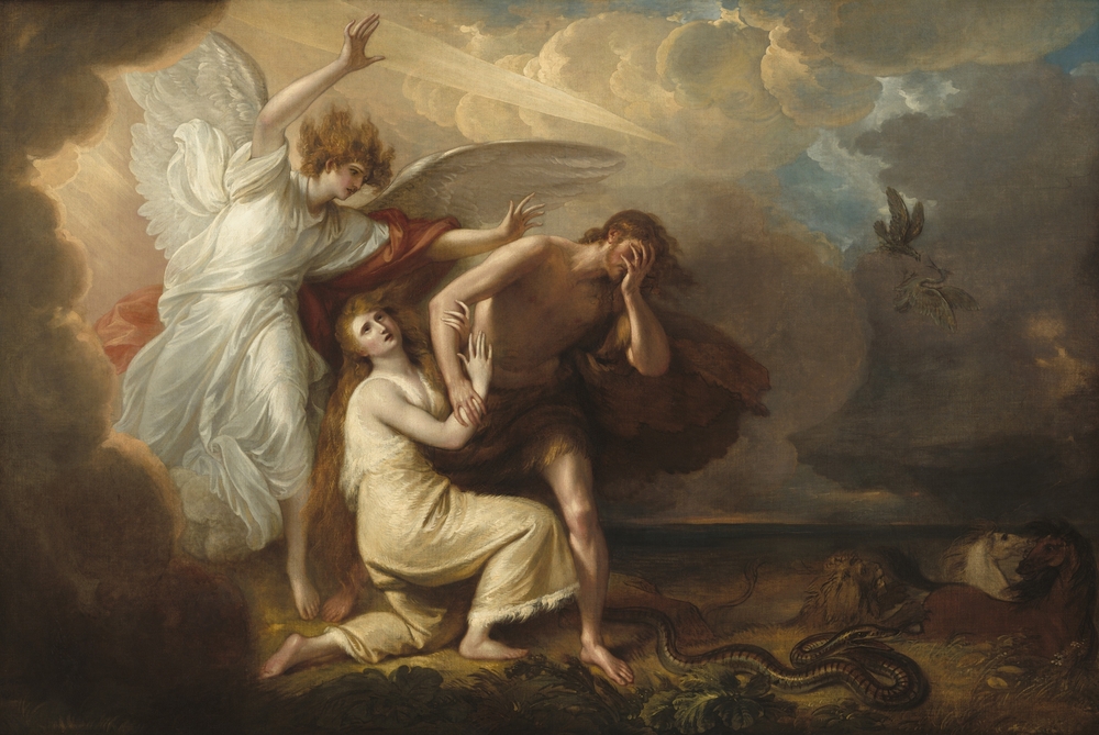 Angel drives Adam and Eve out of the Garden of Eden as Eve clings to Adam in distress and a serpent lies on the ground, under dark, dramatic clouds.