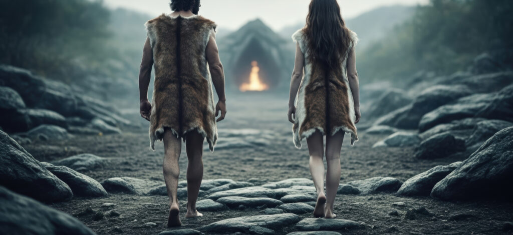 Two people in fur garments walk barefoot on a rocky path toward a distant glowing fire inside a hut.