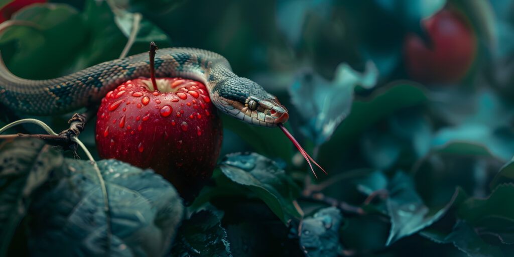 A snake with its tongue out is coiled around a red apple covered in water droplets, surrounded by green leaves.