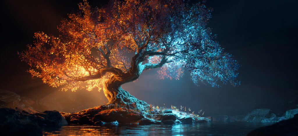 Tree with evenly split fiery orange and cool blue leaves, glowing under dramatic lighting and reflected in still surrounding water.