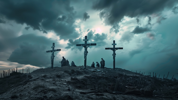 A depiction of the crucifixion of Jesus on a rocky hill, with Jesus and two criminals on wooden crosses silhouetted against stormy clouds, with several figures gathered at the base, depicting a moment central to Christian beliefs and the early history of Christianity.