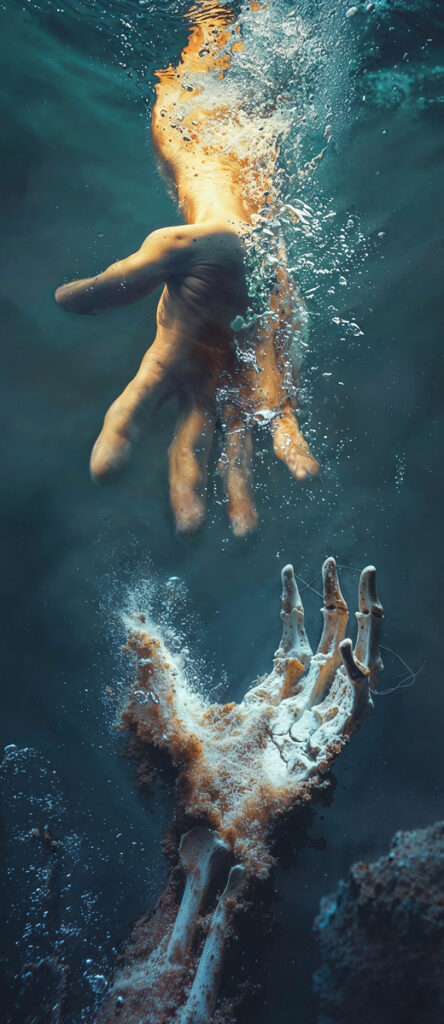 Underwater scene showing a hand reaching down toward a skeletal hand, with bubbles and drifting sand around both, symbolizing salvation, rescue, and the hope of the gospel in Christianity.