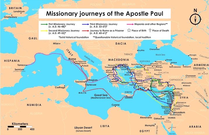 A labeled map illustrates the missionary journeys of the Apostle Paul across the eastern Mediterranean, showing routes through regions such as Asia Minor, Macedonia, Greece, and Rome, reflecting early Christian history and the spread of Christianity.