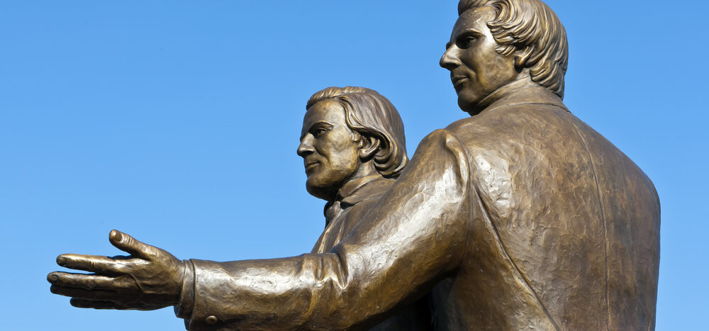 Statue of Mormon leaders Joseph Smith and Brigham Young.