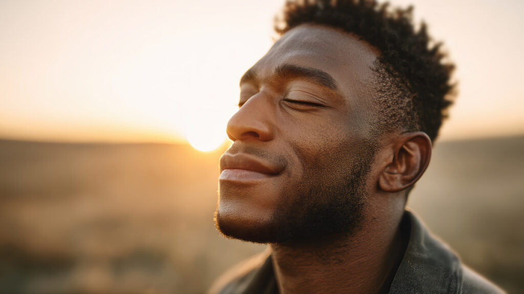 Content-looking man prays, reflecting on the question "What is the meaning of life?"