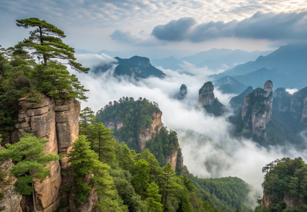 Misty mountains with dense forests and jagged peaks rise through clouds.