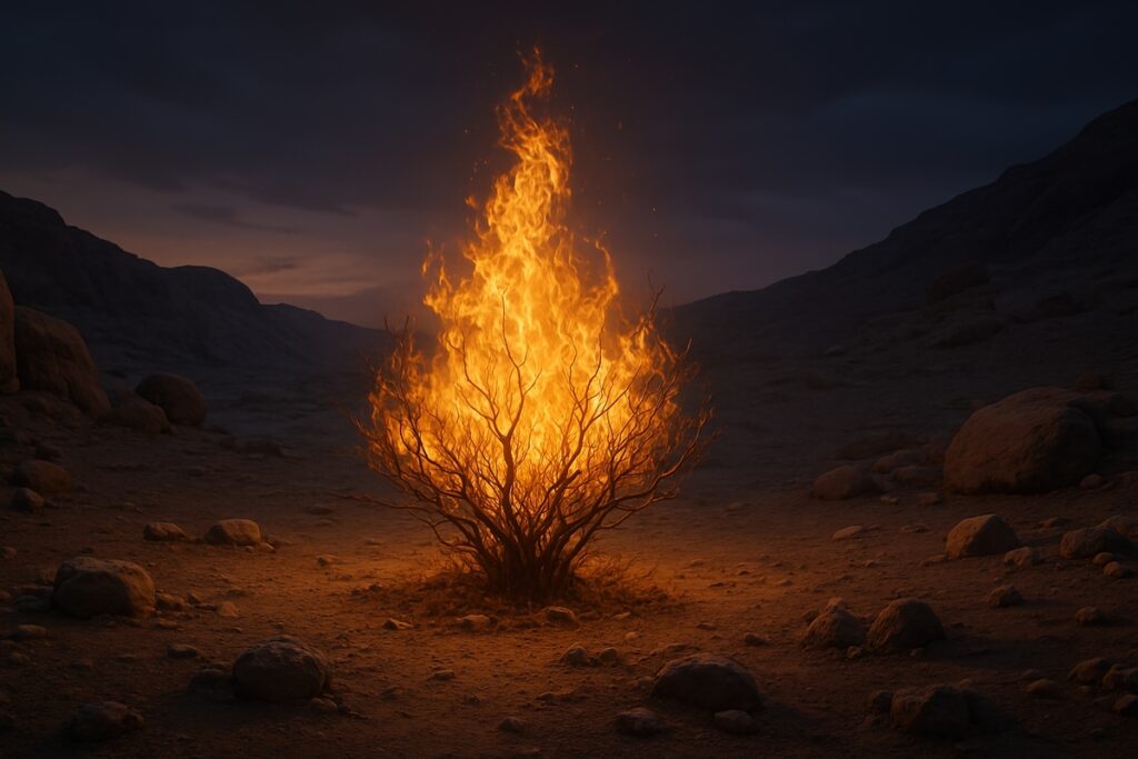 A bush burning in the wilderness like the I Am who appeared to Moses