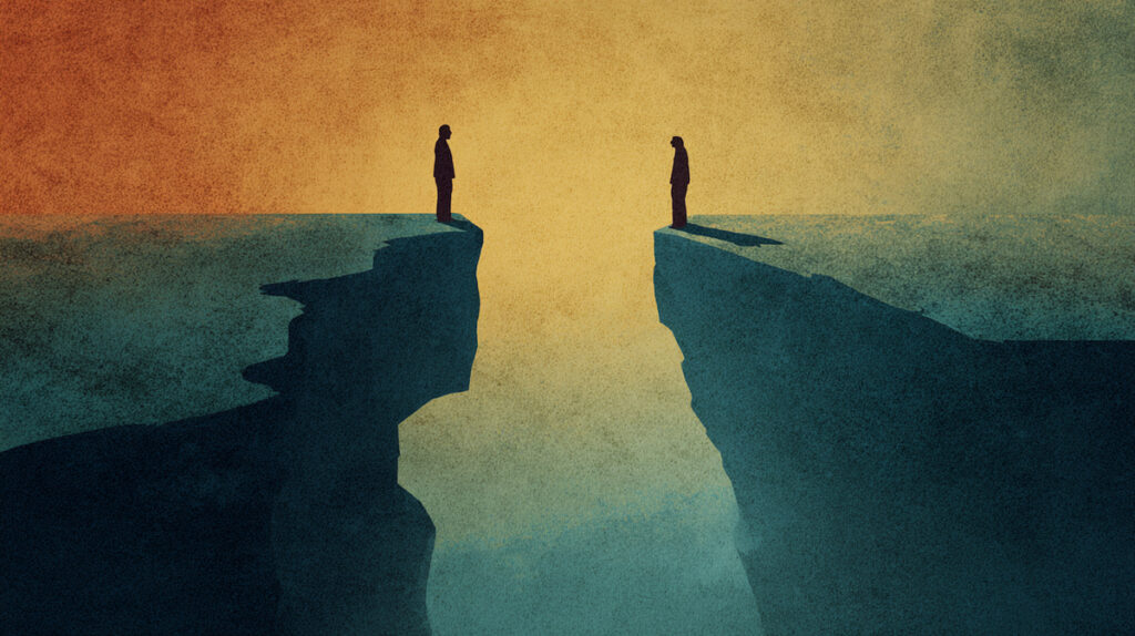 Two figures standing on opposite cliffs separated by a gap, symbolizing debates about the role of women in Christianity.