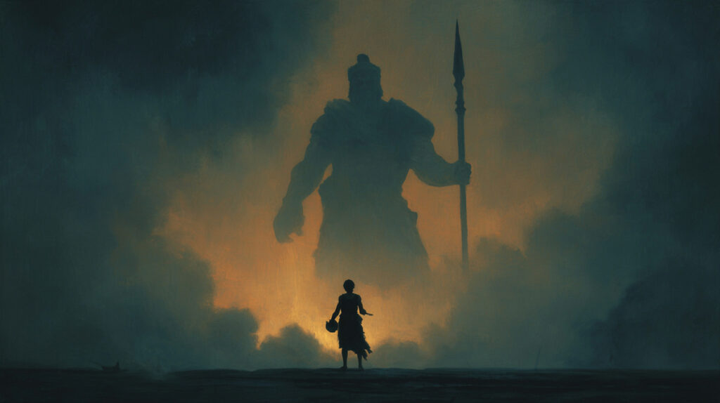 Silhouettes of David and Goliath, evoking the possible connection between Nephilim and giants.