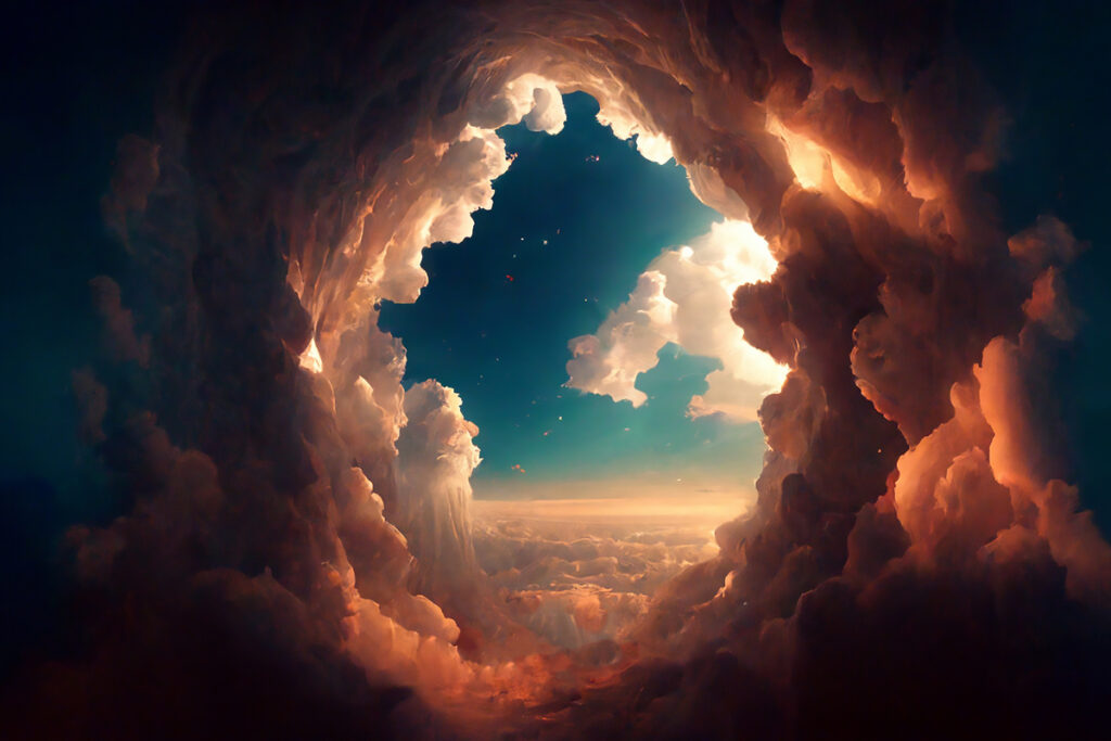 Opening in thick orange and gray clouds revealing blue sky and light beyond.