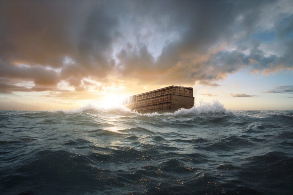 Noah’s Ark floating on calm waters at sunset.