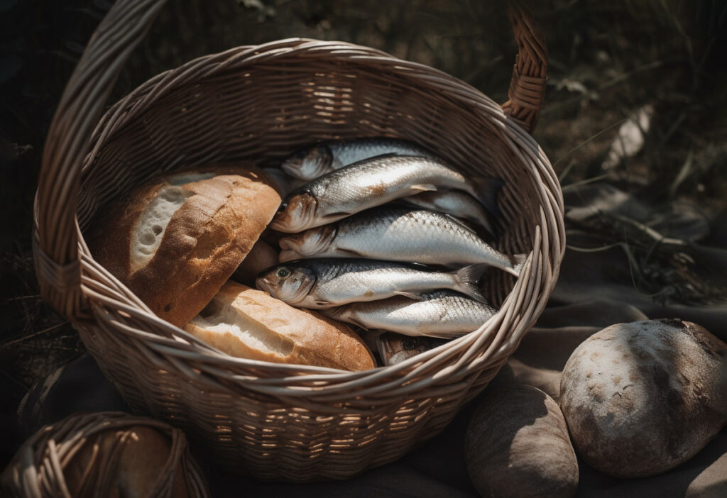 Basket of bread and fish illustrating one of the miracles of Jesus.