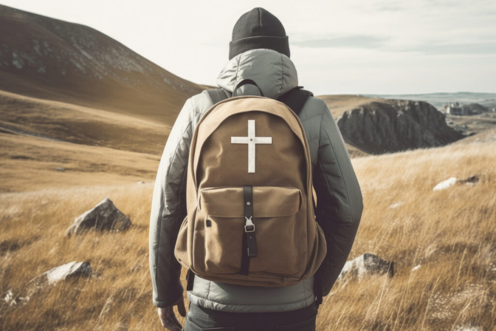 A person hiking through a rugged landscape with a backpack marked by a cross, symbolizing the journey of faith and the call to stand firm in spiritual warfare while navigating the challenges of the spiritual realm.