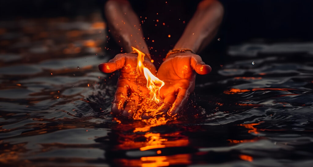 Hands lifting a small flame out of dark water, symbolizing spiritual warfare and the struggle between darkness and light within the spiritual realm.