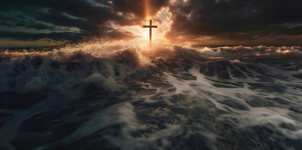 A glowing cross rising above storm‑tossed waves under dramatic skies, symbolizing God’s power, protection, and hope in the midst of spiritual warfare and life’s battles.