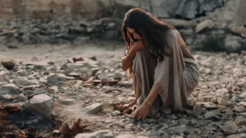 A woman sitting alone in a rugged landscape, reflecting themes of faith and resilience often explored in discussions of women in Christianity.