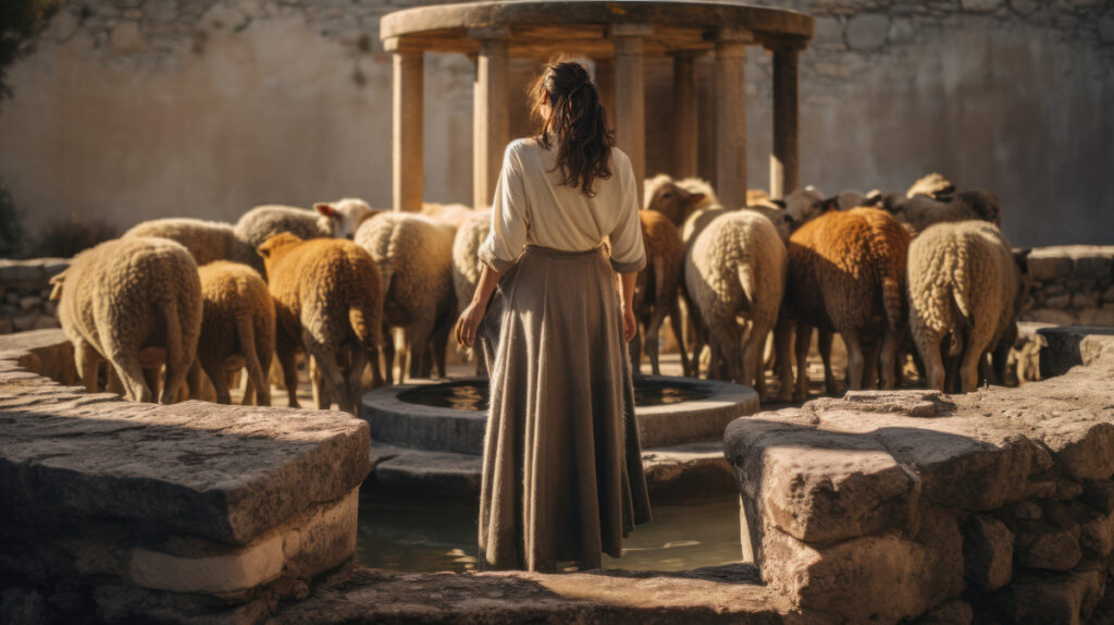 A woman standing among sheep in a biblical setting, reflecting the everyday lives and roles of women in Christianity.