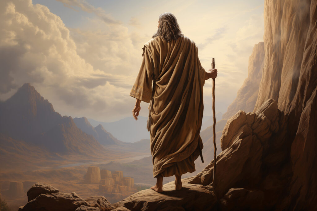 A figure in flowing robes stands on a rocky ledge, looking out over a vast landscape with mountains and dramatic clouds.