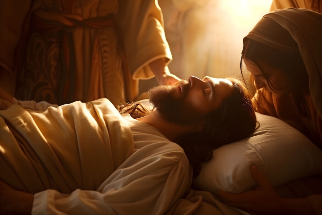 Biblical scene of a man lying ill as Jesus reaches out to heal him, illustrating the healing miracles of Jesus.