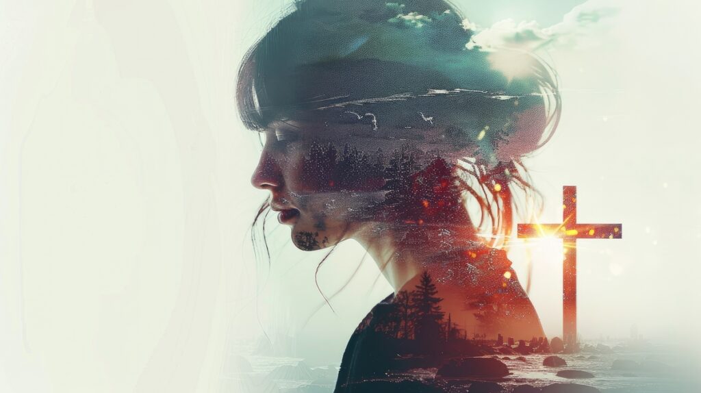 Silhouette of a woman looking down in reflection, overlaid with imagery of mountains, trees, and a glowing cross at sunrise, symbolizing hope, faith, and trust in Christ during spiritual warfare.