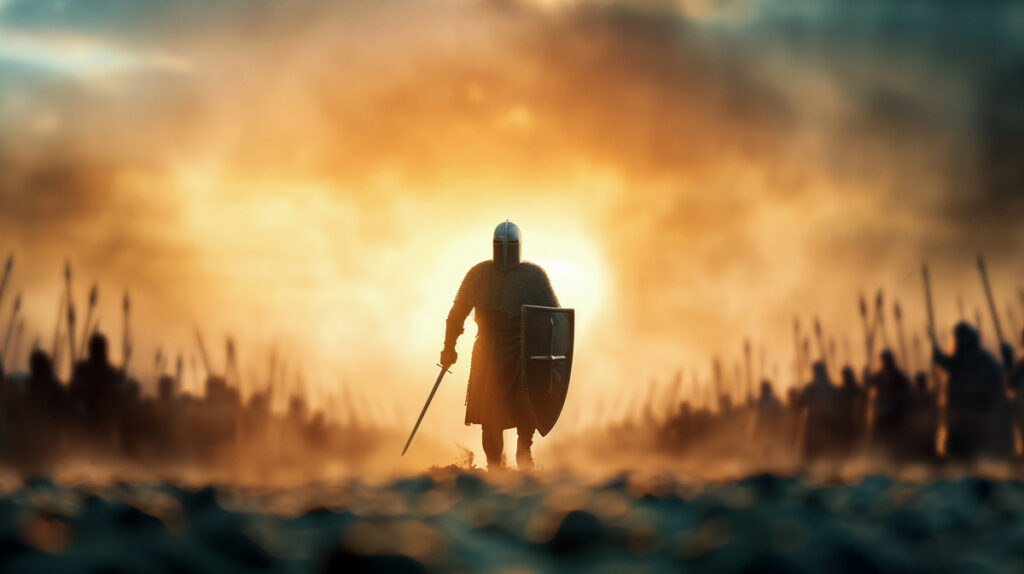 A lone medieval knight stands resolute with sword and shield against a fiery sunset, facing a massive army. This image symbolizes courage and faith.