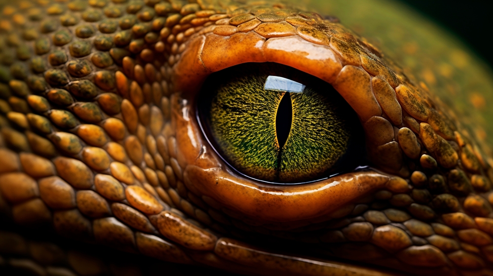 Very zoomed in view of the eye of a snake like the serpent in the Garden of Eden